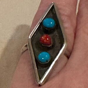 Turquoise and Coral Sterling Silver Ring